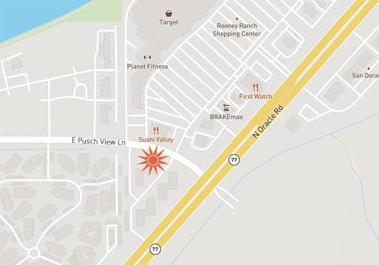 Our Oracle Clinic is located at the corner of N. Oracle Rd and E. Pusch View Lane, across from the Target shopping center.